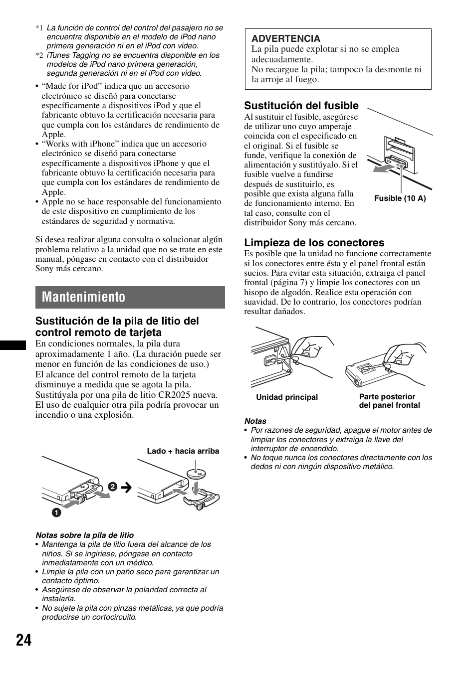 Mantenimiento, Sustitución del fusible, Limpieza de los conectores | Sony CDX-GT700HD User Manual | Page 50 / 56