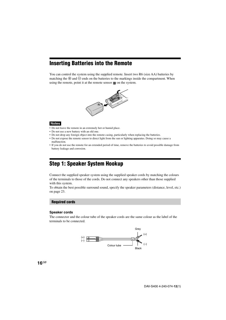 Step 1: speaker system hookup, Inserting batteries into the remote | Sony DAV-S400 User Manual | Page 16 / 80