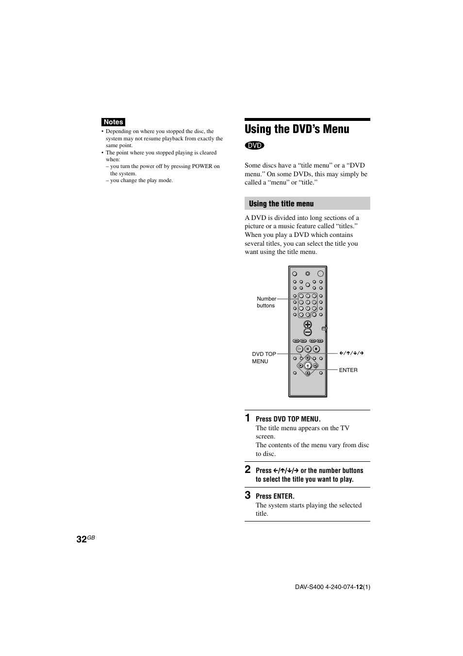 Using the dvd’s menu, Using the title menu | Sony DAV-S400 User Manual | Page 32 / 80