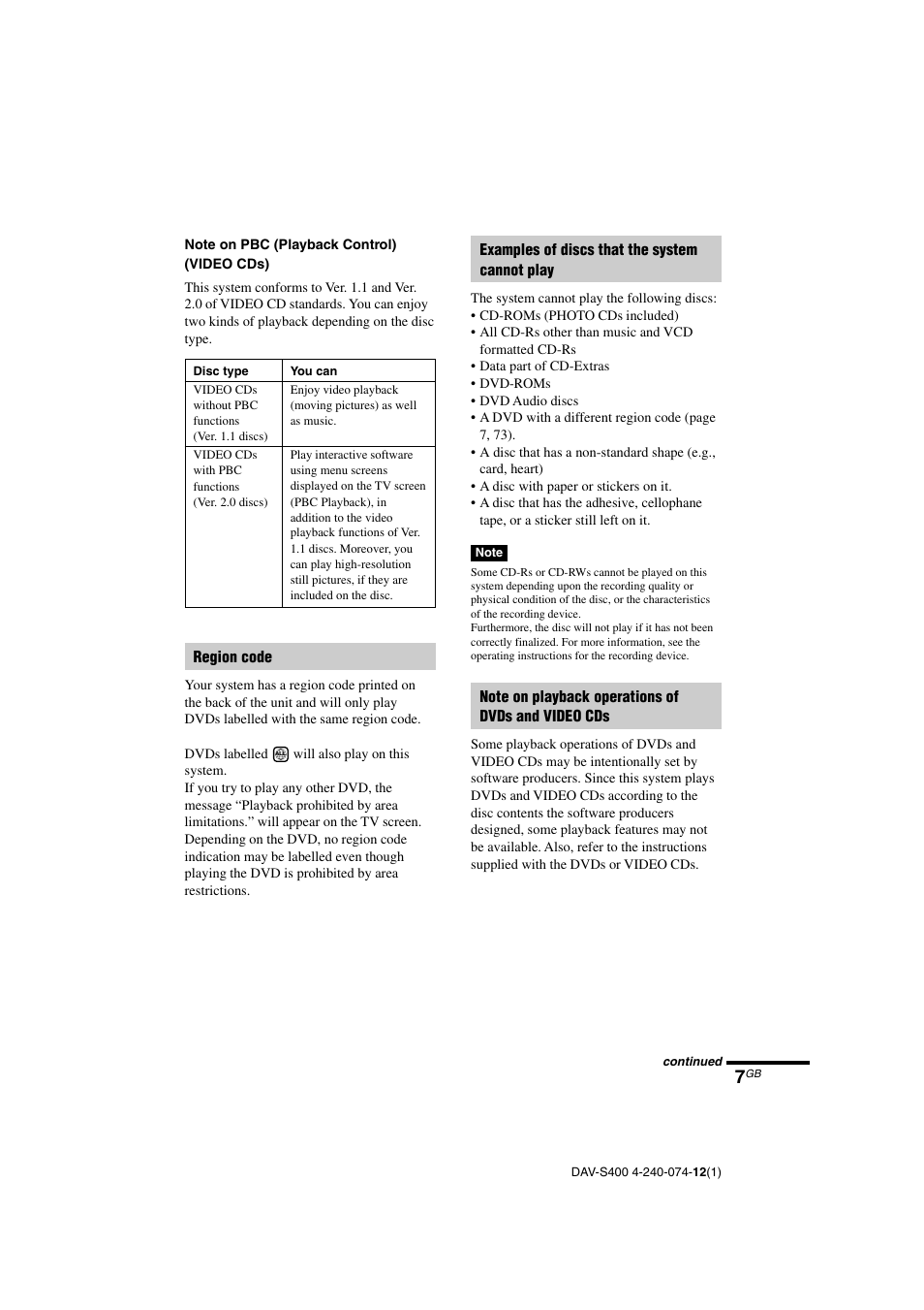 Sony DAV-S400 User Manual | Page 7 / 80