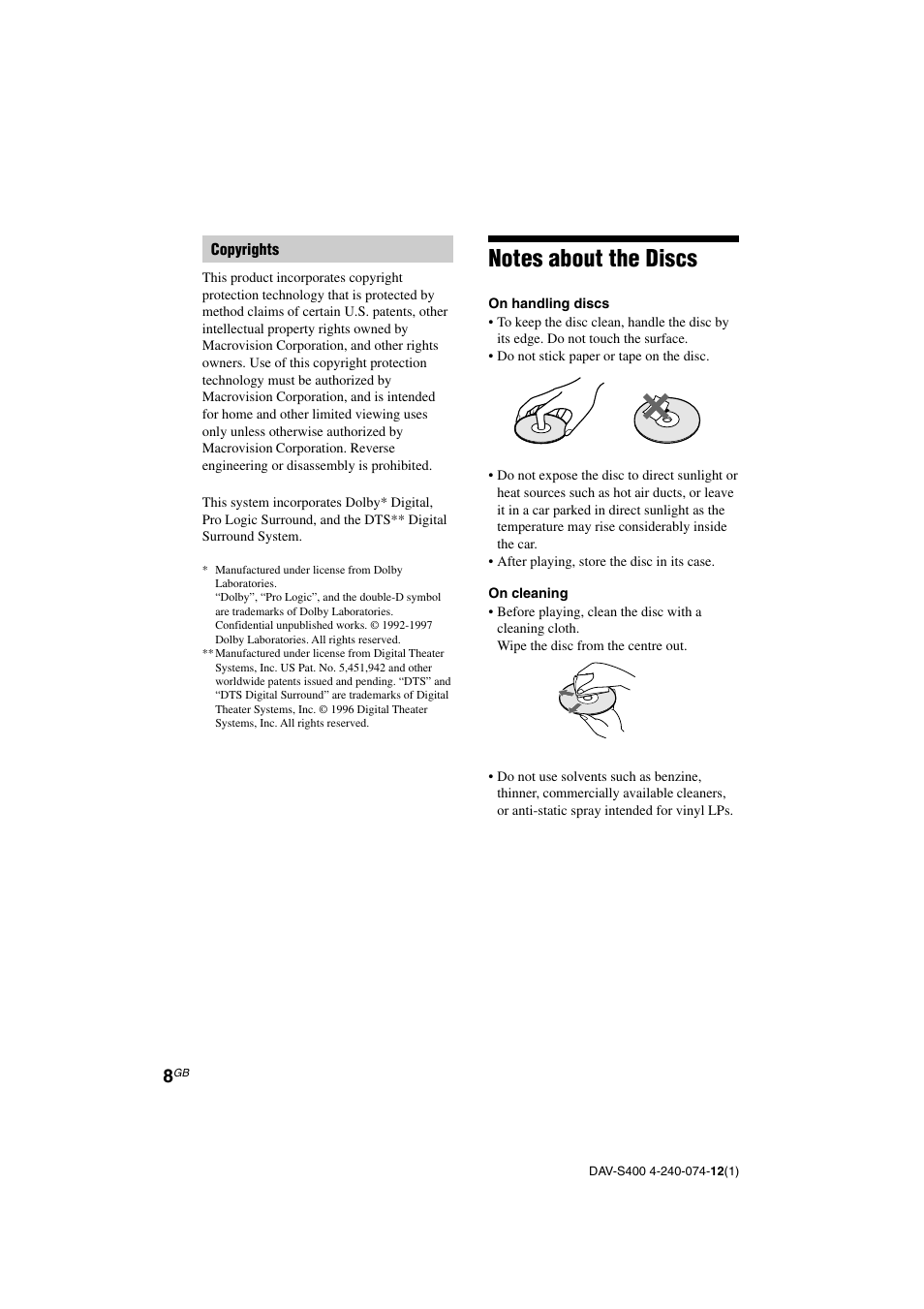 Sony DAV-S400 User Manual | Page 8 / 80
