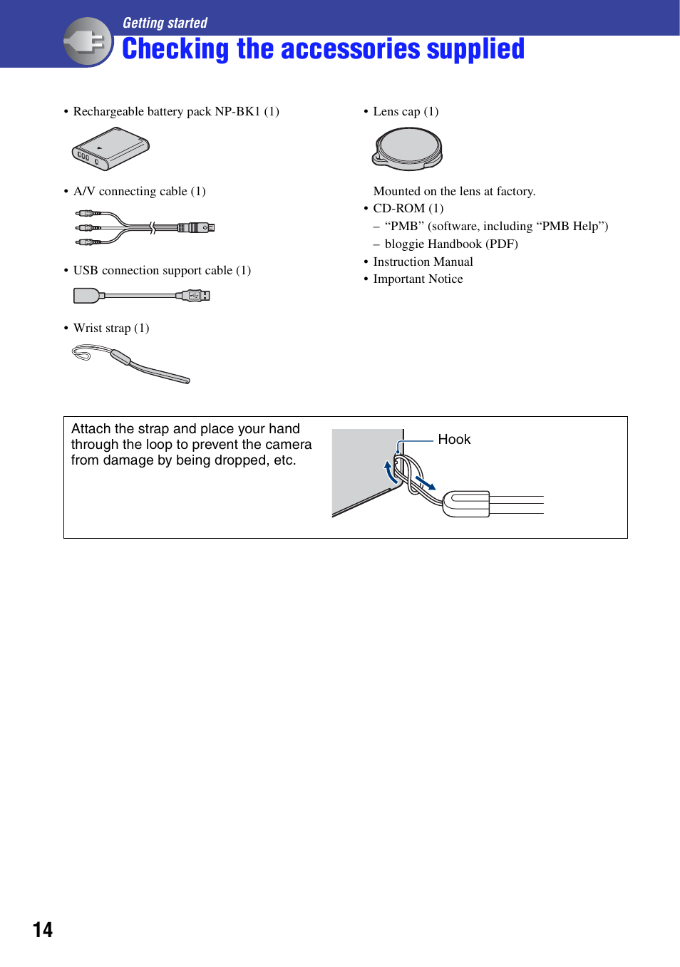Getting started, Checking the accessories supplied, P (14) | Sony bloggie MHS-CM5 User Manual | Page 14 / 69