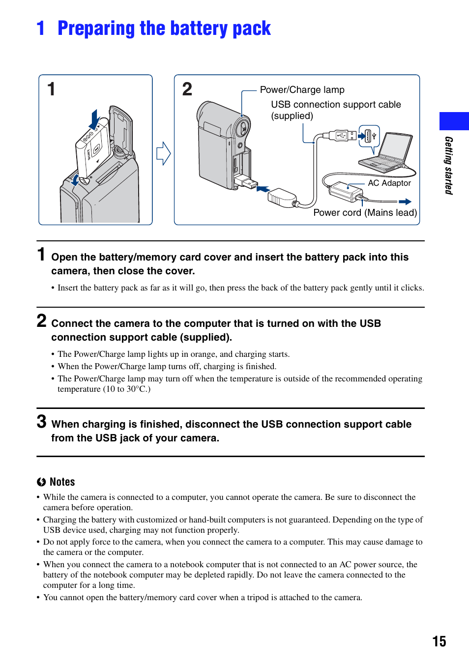 1 preparing the battery pack | Sony bloggie MHS-CM5 User Manual | Page 15 / 69
