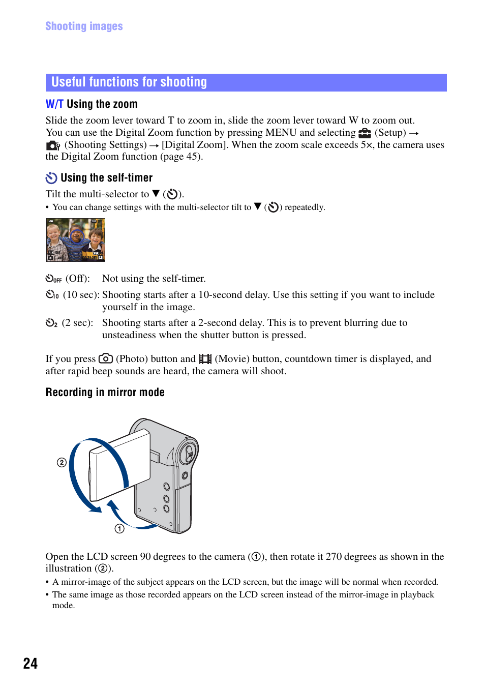 Useful functions for shooting, Shooting images w/t using the zoom, Using the self-timer | Recording in mirror mode | Sony bloggie MHS-CM5 User Manual | Page 24 / 69
