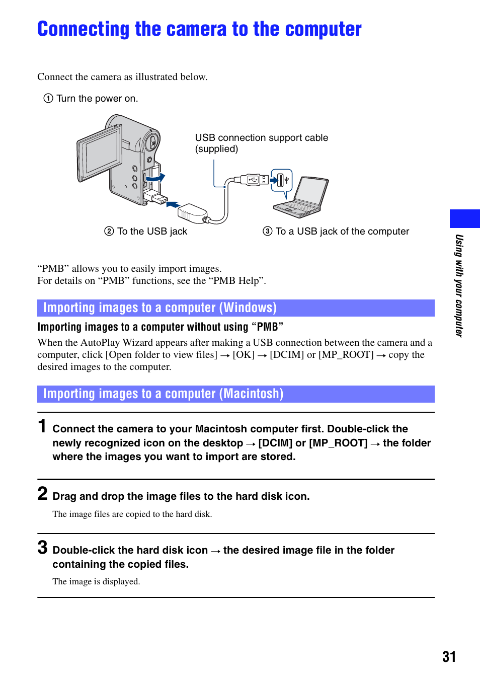 Connecting the camera to the computer | Sony bloggie MHS-CM5 User Manual | Page 31 / 69
