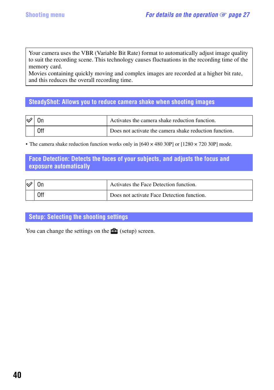 Setup: selecting the shooting settings | Sony bloggie MHS-CM5 User Manual | Page 40 / 69