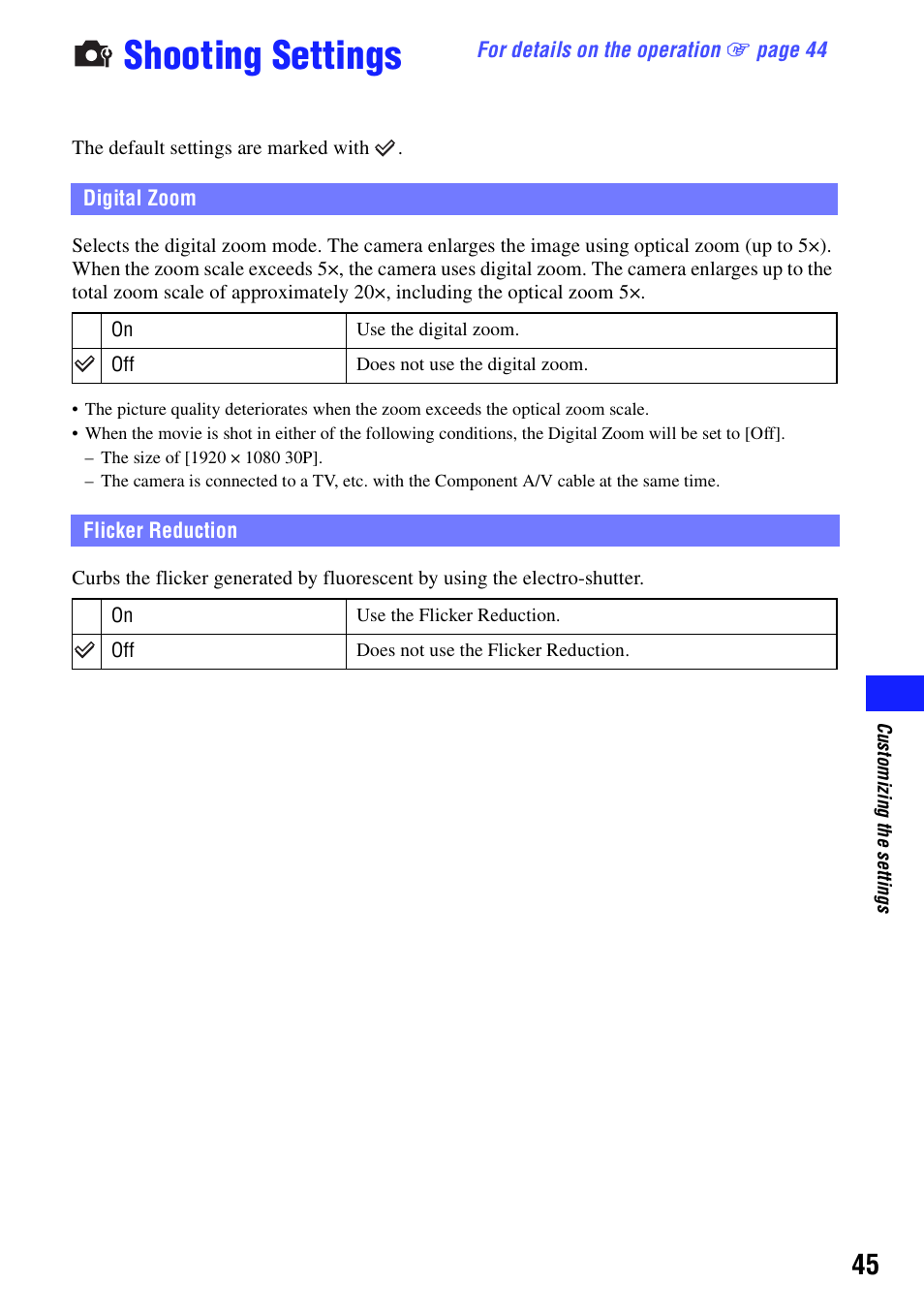 Shooting settings, Digital zoom, Flicker reduction | Digital zoom flicker reduction | Sony bloggie MHS-CM5 User Manual | Page 45 / 69