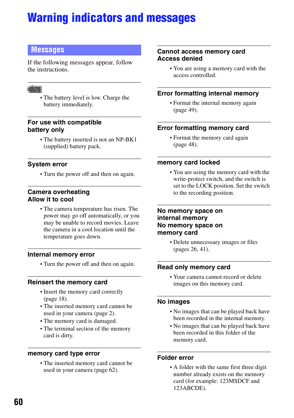 Warning indicators and messages, Ng (60), Messages | Sony bloggie MHS-CM5 User Manual | Page 60 / 69