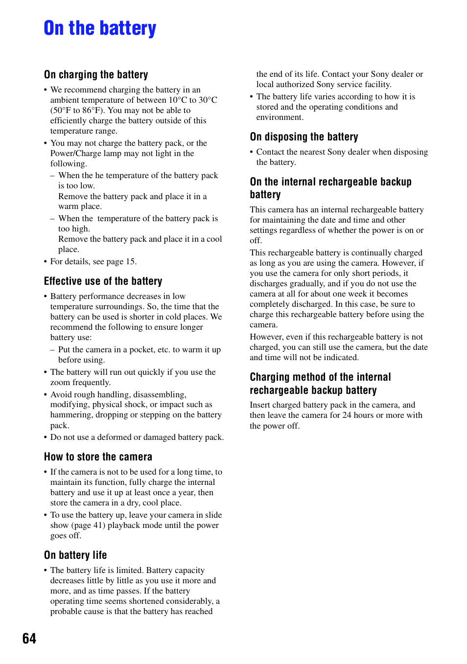 On the battery | Sony bloggie MHS-CM5 User Manual | Page 64 / 69
