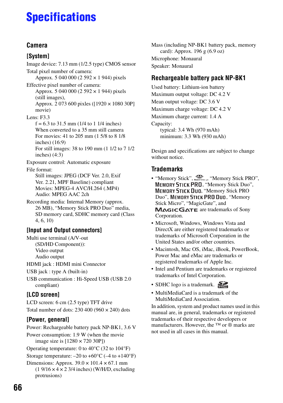 Specifications | Sony bloggie MHS-CM5 User Manual | Page 66 / 69