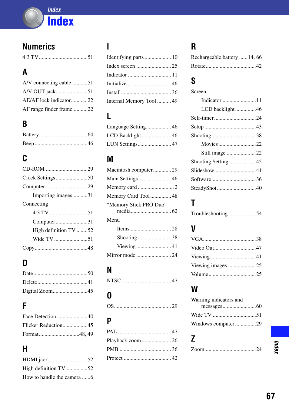 Index, Numerics | Sony bloggie MHS-CM5 User Manual | Page 67 / 69