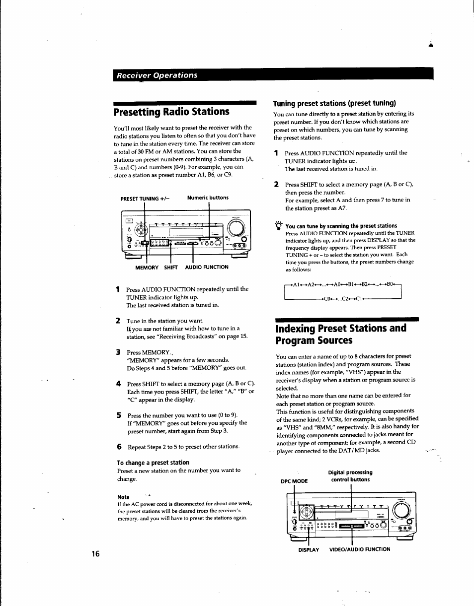 Presetting radio stations, Tuning preset stations (preset tuning), To change a preset station | Indexing preset stations and program sources | Sony STR-DE915 User Manual | Page 16 / 40
