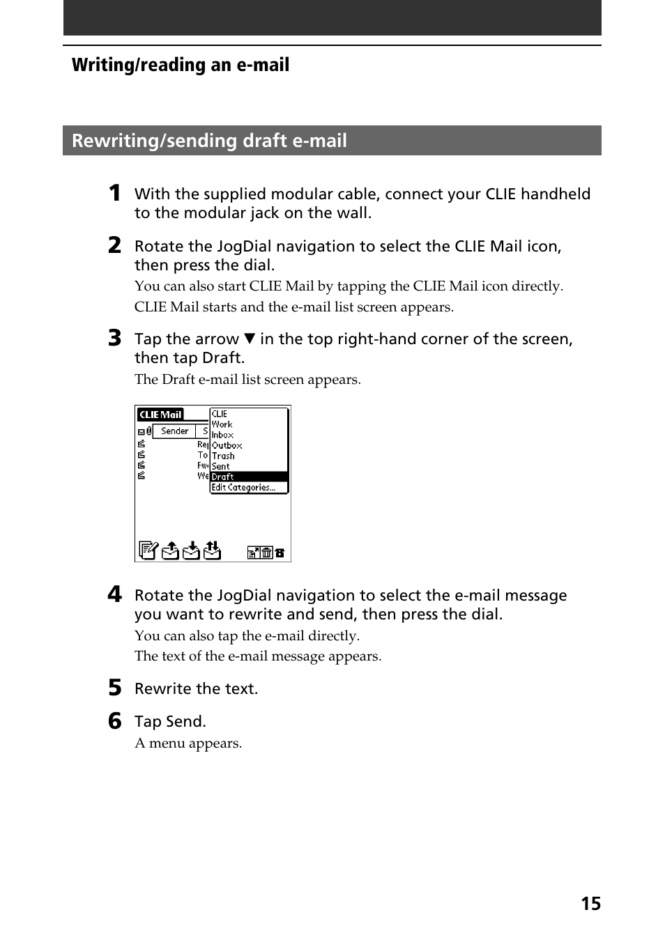 Rewriting/sending draft e-mail | Sony CLIE A-AVZ-100-11 User Manual | Page 15 / 42