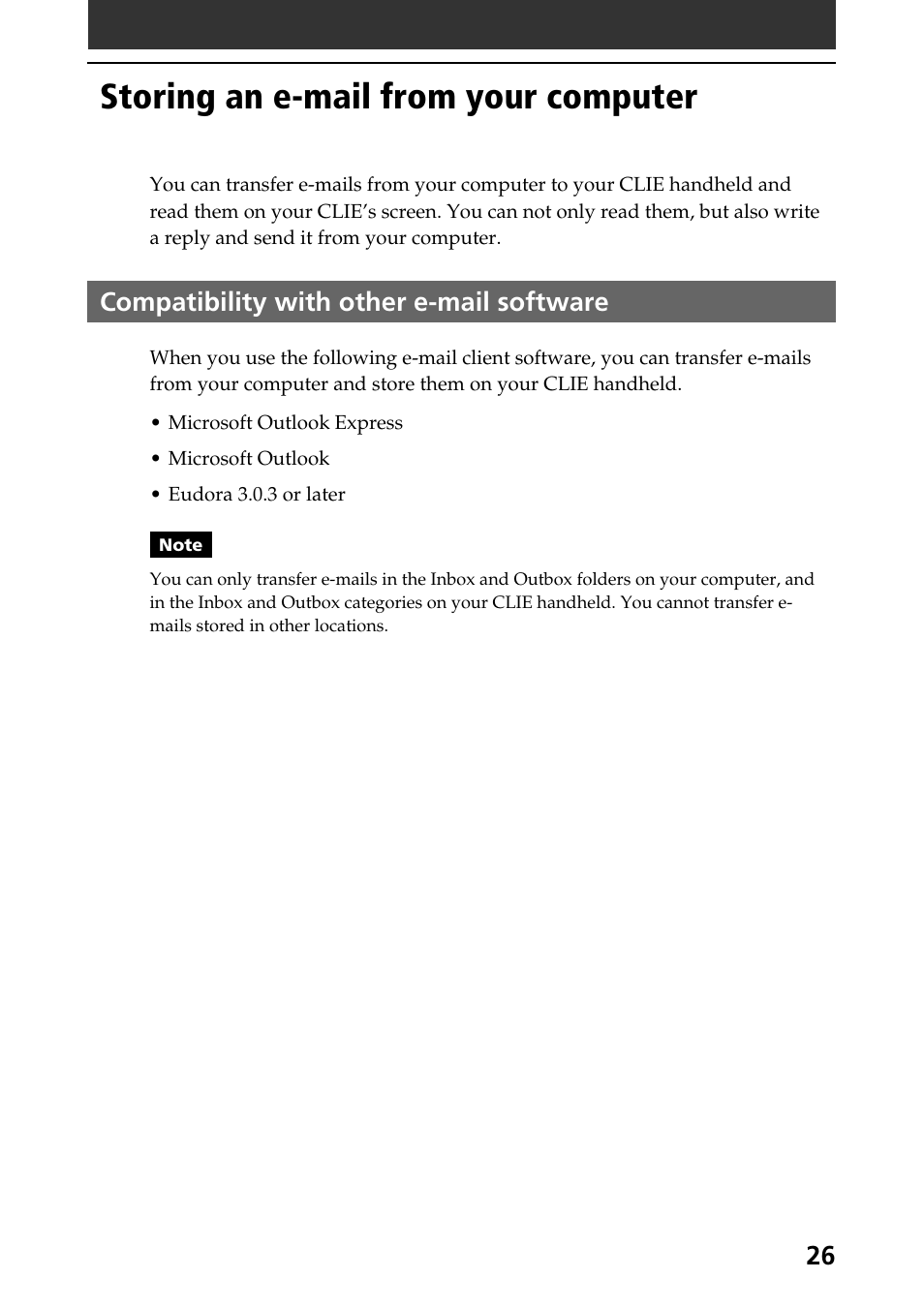Storing an e-mail from your computer, Compatibility with other e-mail software | Sony CLIE A-AVZ-100-11 User Manual | Page 26 / 42