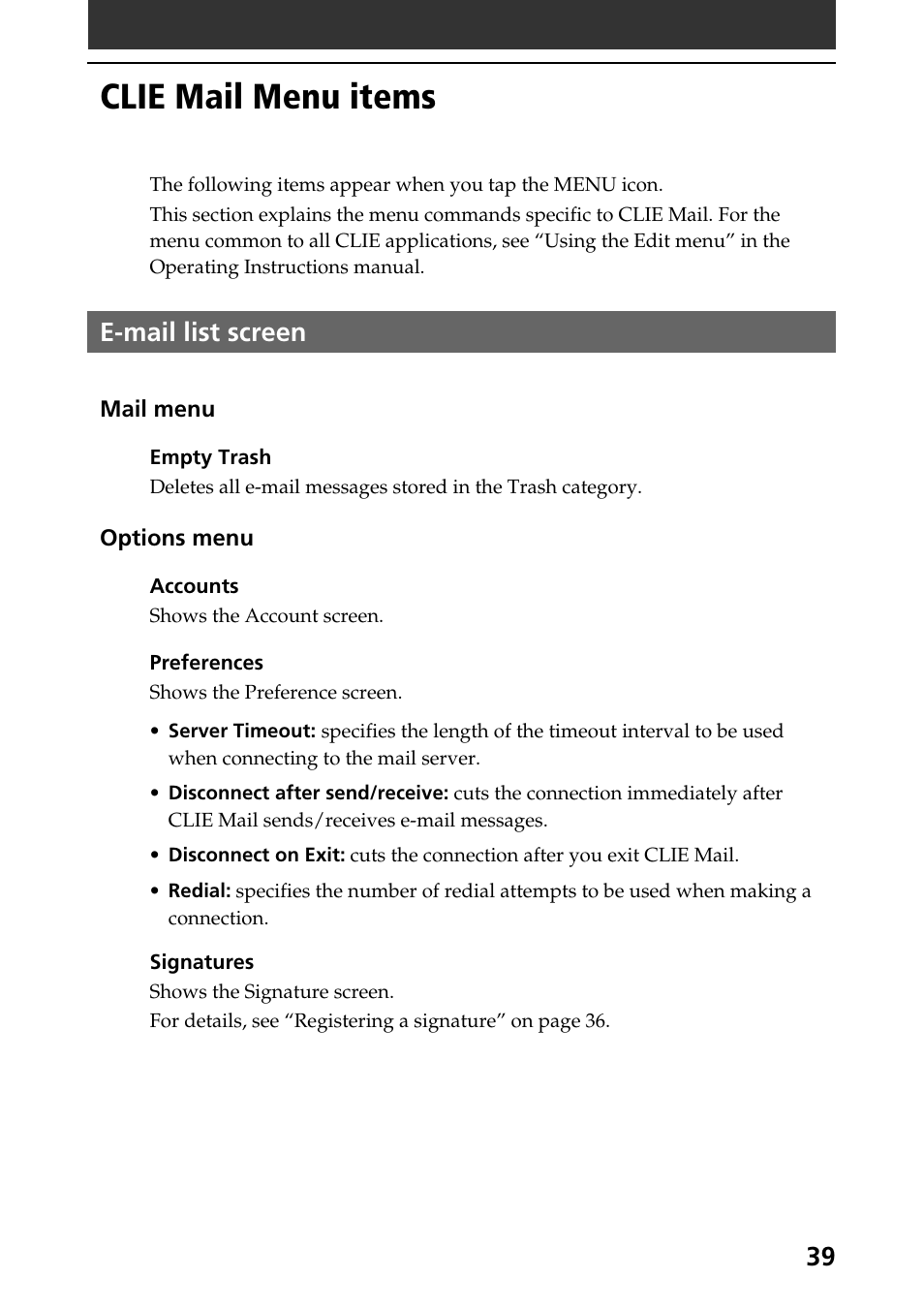 Clie mail menu items, E-mail list screen | Sony CLIE A-AVZ-100-11 User Manual | Page 39 / 42
