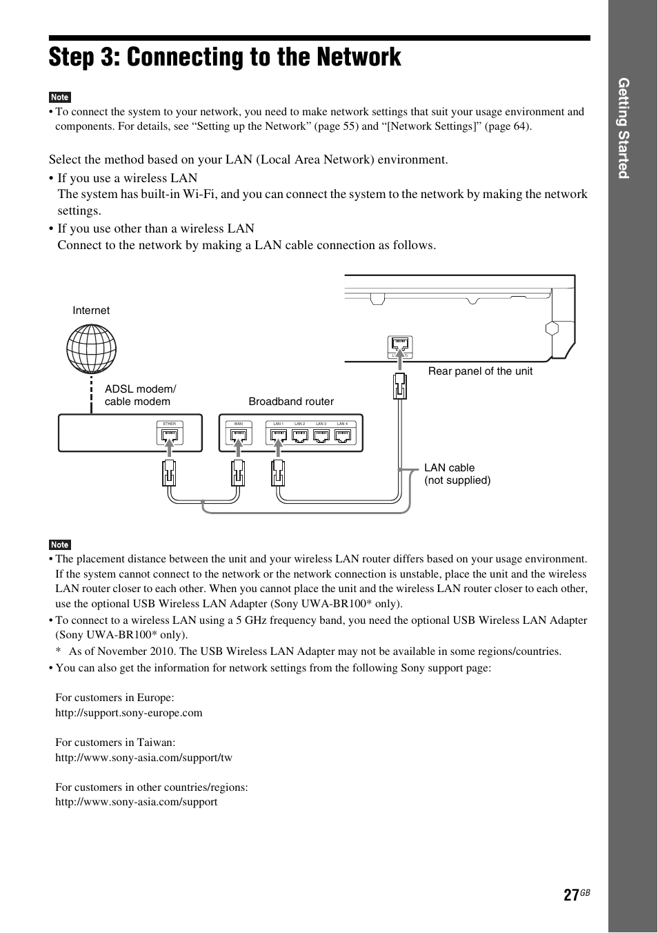 Step 3: connecting to the network, Step 3: connecting to the, Network | E 27), Ge tting star te d | Sony BDV-E980W User Manual | Page 27 / 84