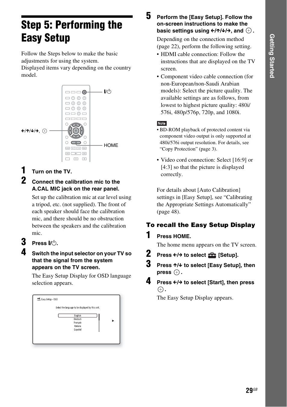 Step 5: performing the easy setup, Step 5: performing the easy, Setup | Es 29, E 29, E 29) | Sony BDV-E980W User Manual | Page 29 / 84