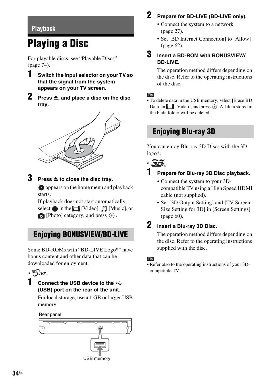 Playback, Playing a disc, Enjoying bonusview/bd-live | Enjoying blu-ray 3d, E 34), Es 34 | Sony BDV-E980W User Manual | Page 34 / 84