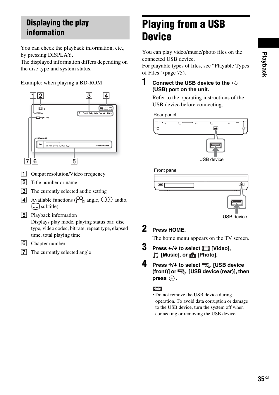 Displaying the play information, Playing from a usb device, E 35) | Sony BDV-E980W User Manual | Page 35 / 84