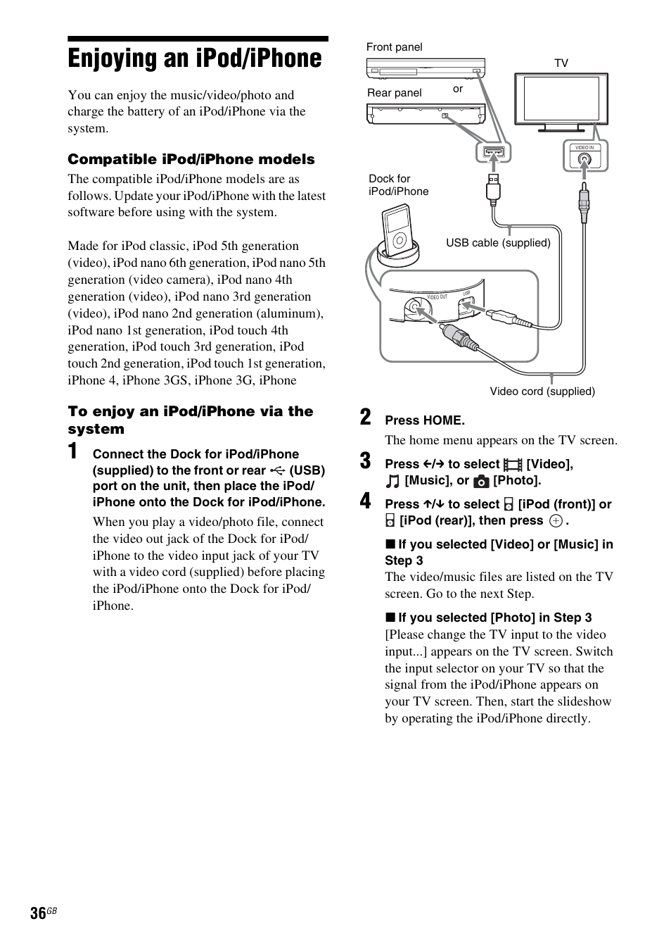Enjoying an ipod/iphone | Sony BDV-E980W User Manual | Page 36 / 84