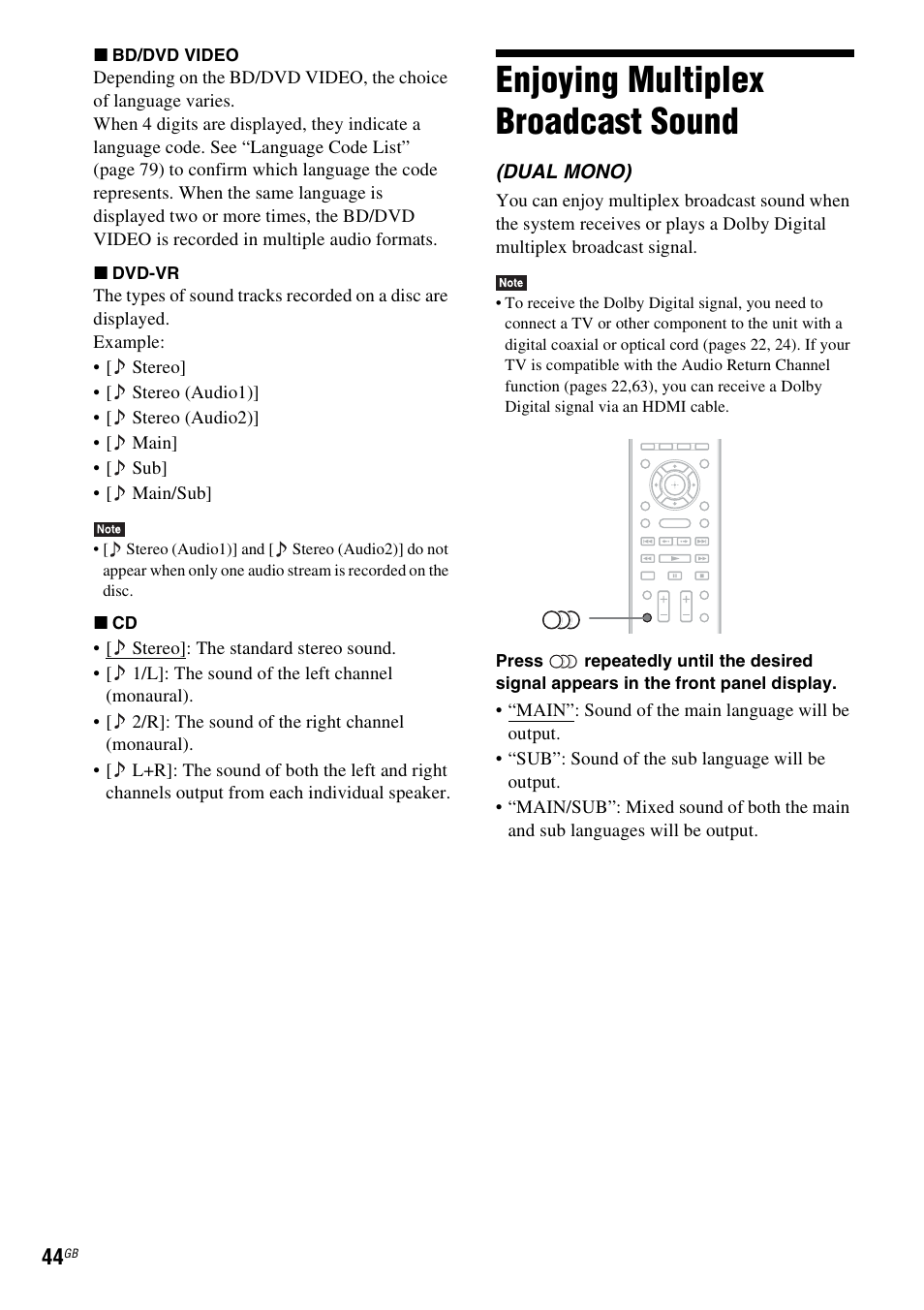 Enjoying multiplex broadcast sound, Enjoying multiplex broadcast, Sound | Sony BDV-E980W User Manual | Page 44 / 84