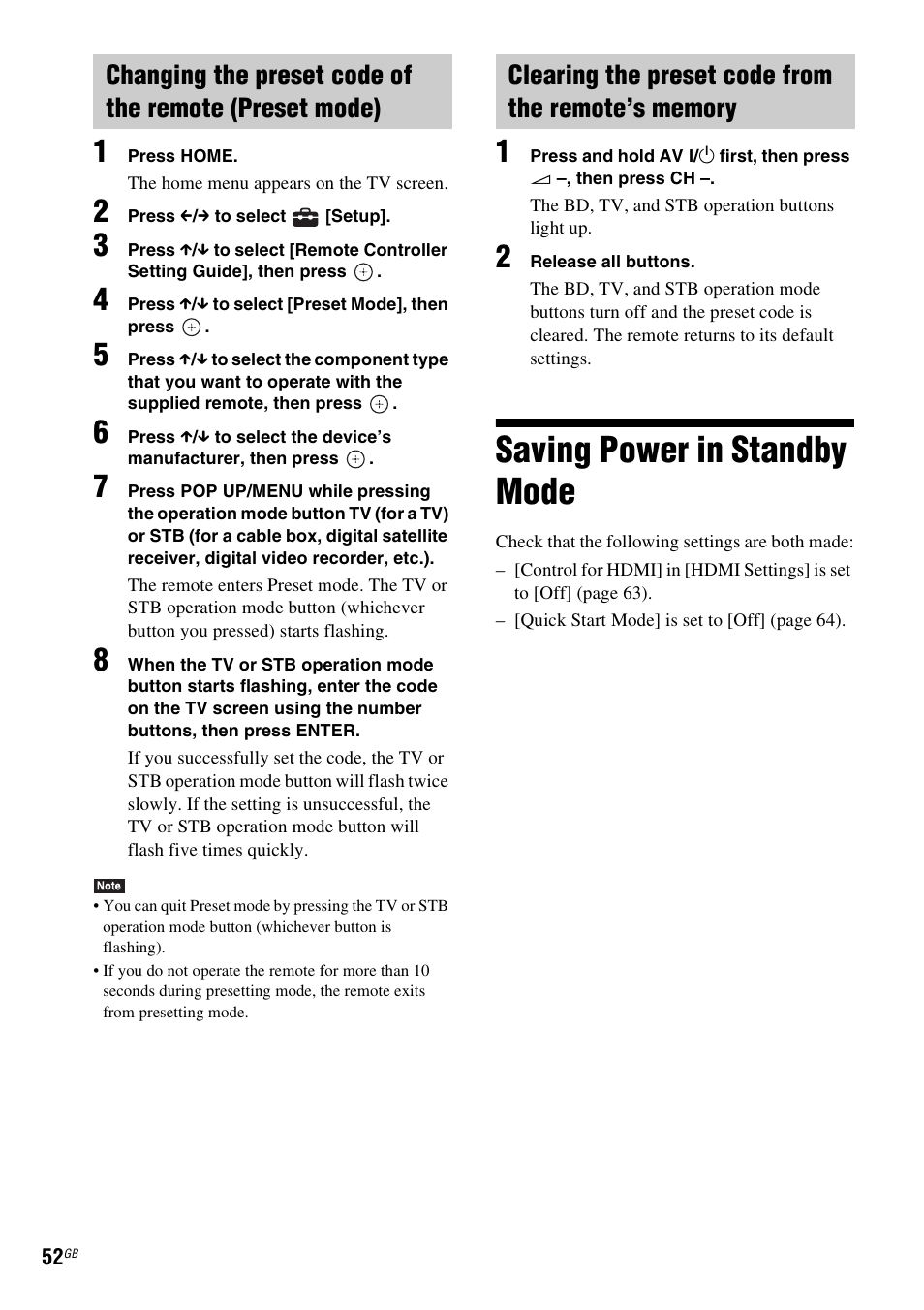 Clearing the preset code from the remote’s memory, Saving power in standby mode | Sony BDV-E980W User Manual | Page 52 / 84