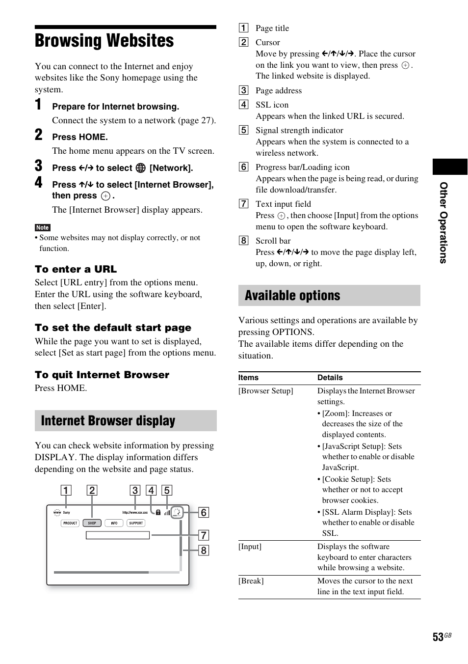 Browsing websites, Internet browser display, Available options | Internet browser display available options | Sony BDV-E980W User Manual | Page 53 / 84