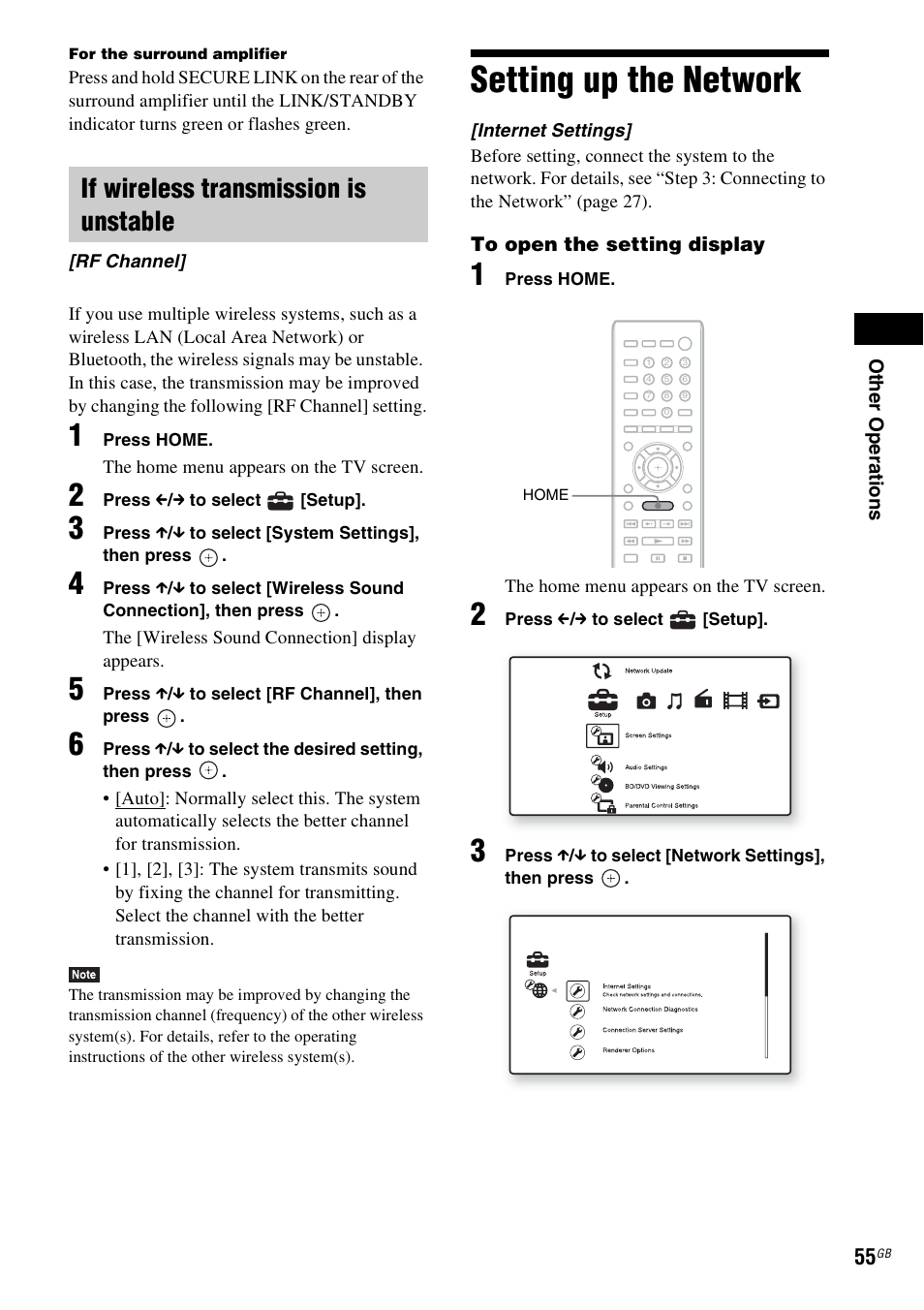 If wireless transmission is unstable, Setting up the network | Sony BDV-E980W User Manual | Page 55 / 84