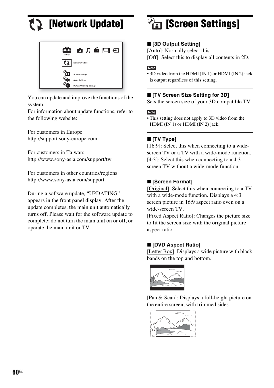 Network update, Screen settings, Network update] [screen settings | Sony BDV-E980W User Manual | Page 60 / 84