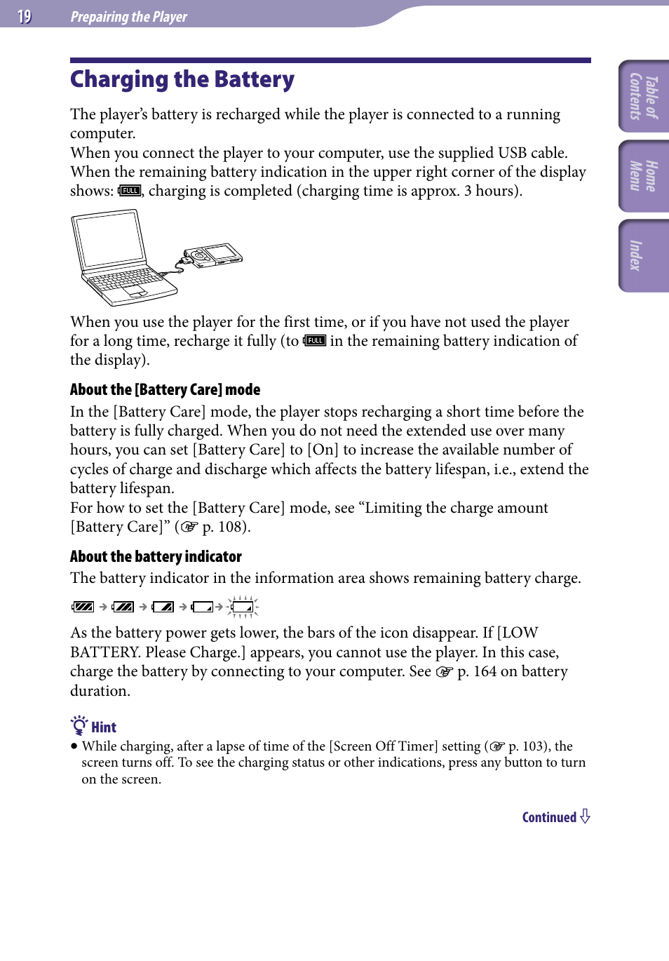 Prepairing the player, Charging the battery | Sony A846 User Manual | Page 19 / 169