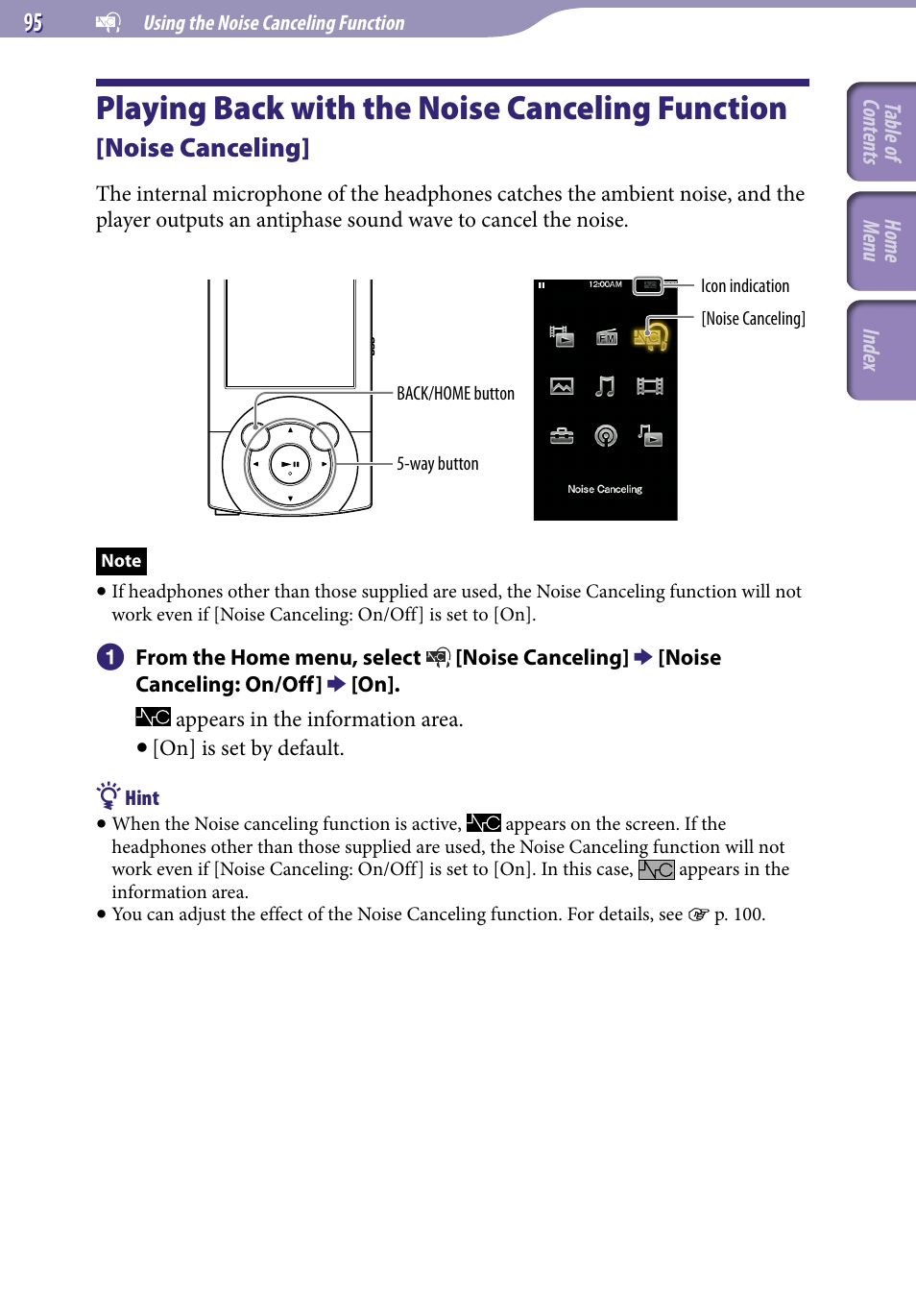 Playing back with the noise canceling, Function, Noise canceling | Playing back with the noise canceling function | Sony A846 User Manual | Page 95 / 169