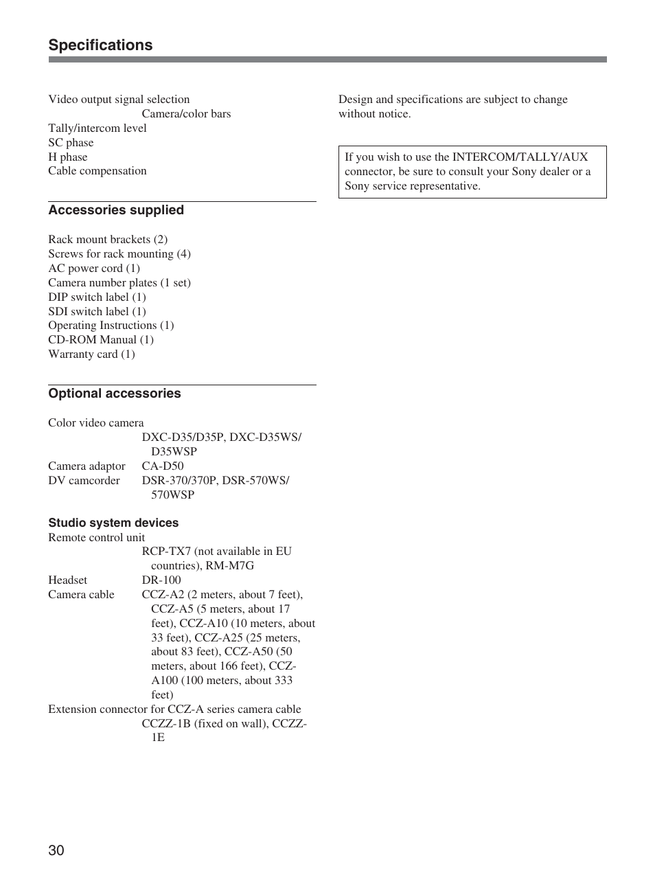 Specifications | Sony CCU-D50 User Manual | Page 30 / 31