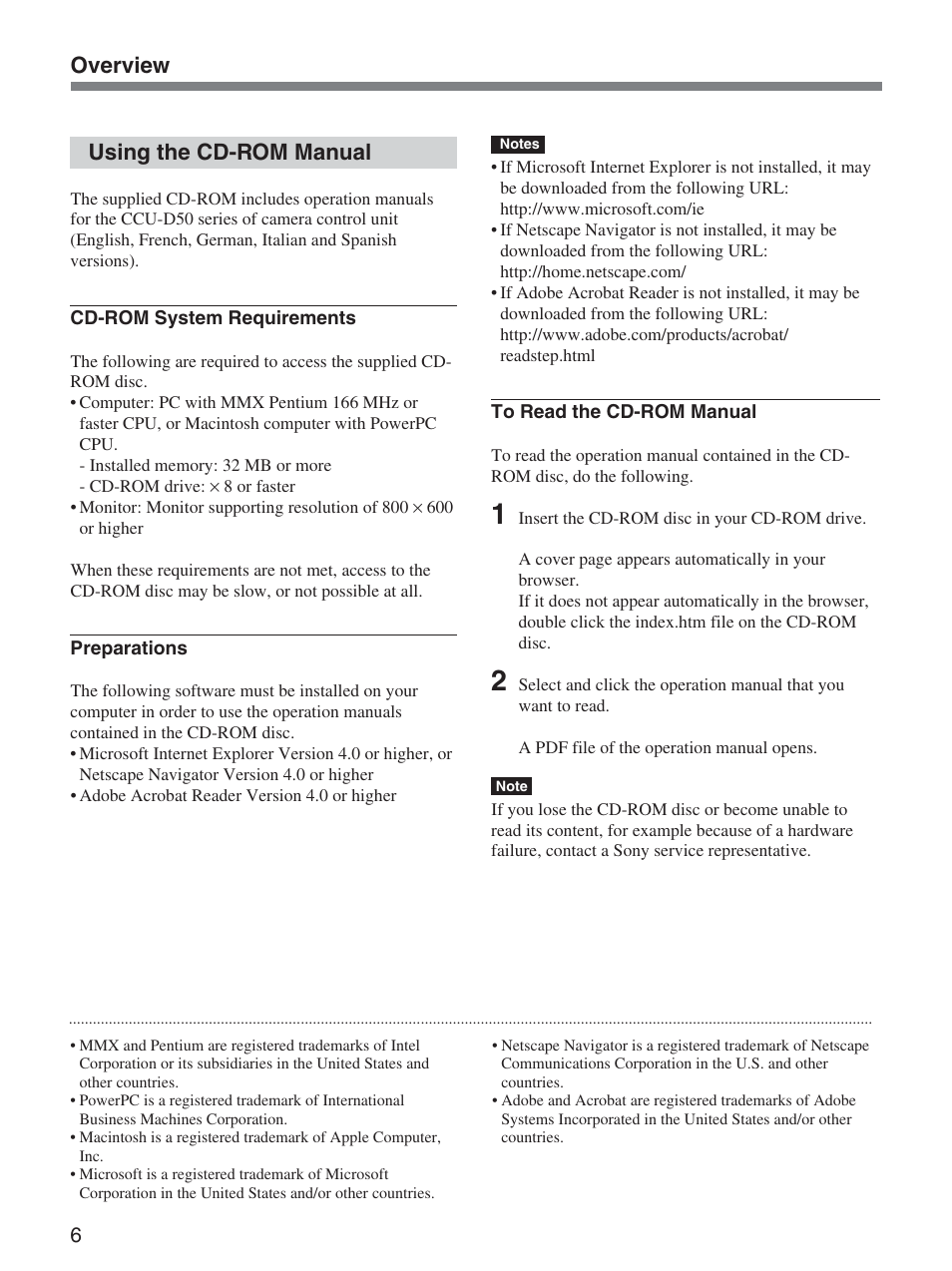 Using the cd-rom manual, Overview using the cd-rom manual | Sony CCU-D50 User Manual | Page 6 / 31