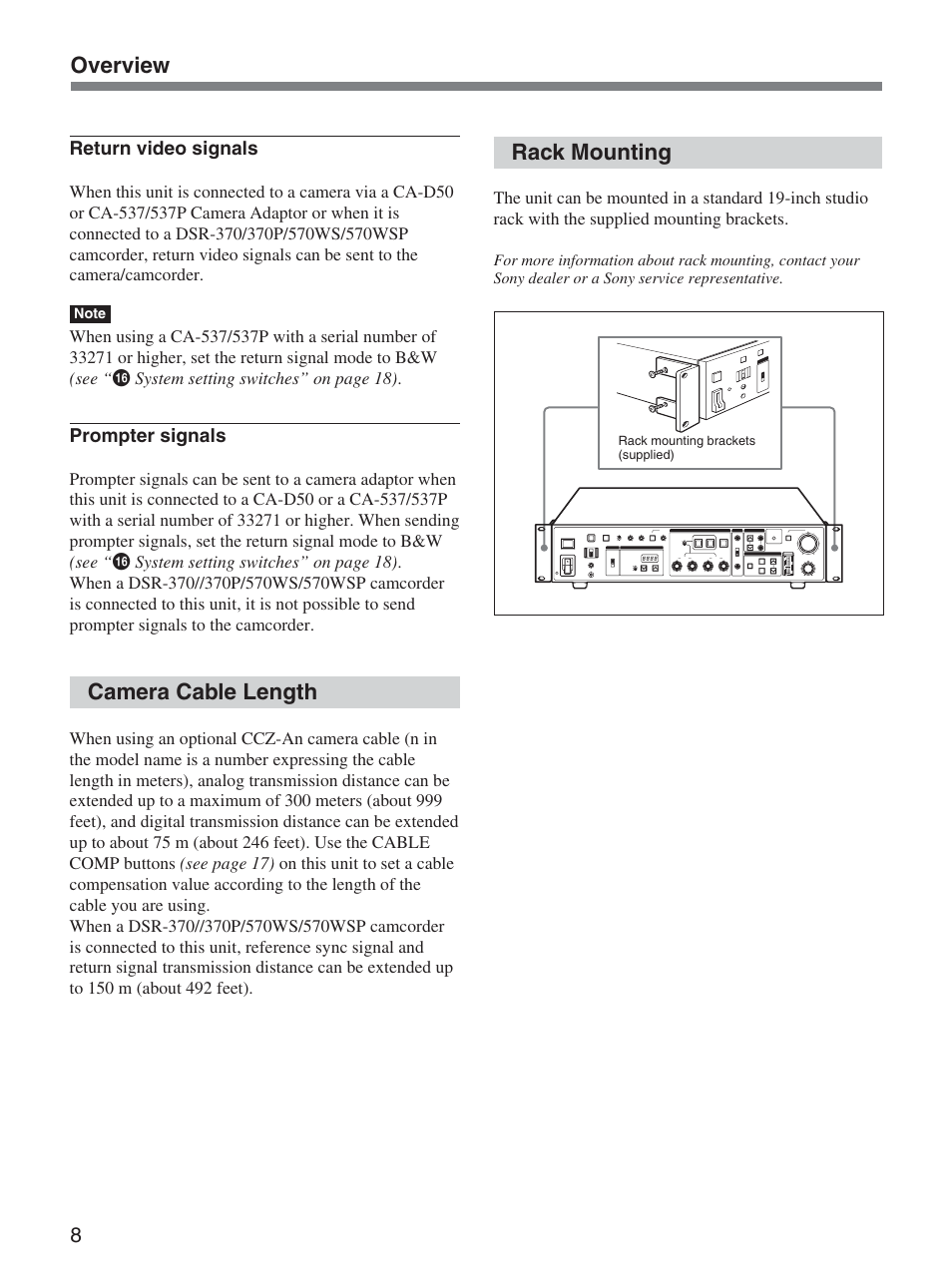 Camera cable length, Rack mounting, Overview | Sony CCU-D50 User Manual | Page 8 / 31