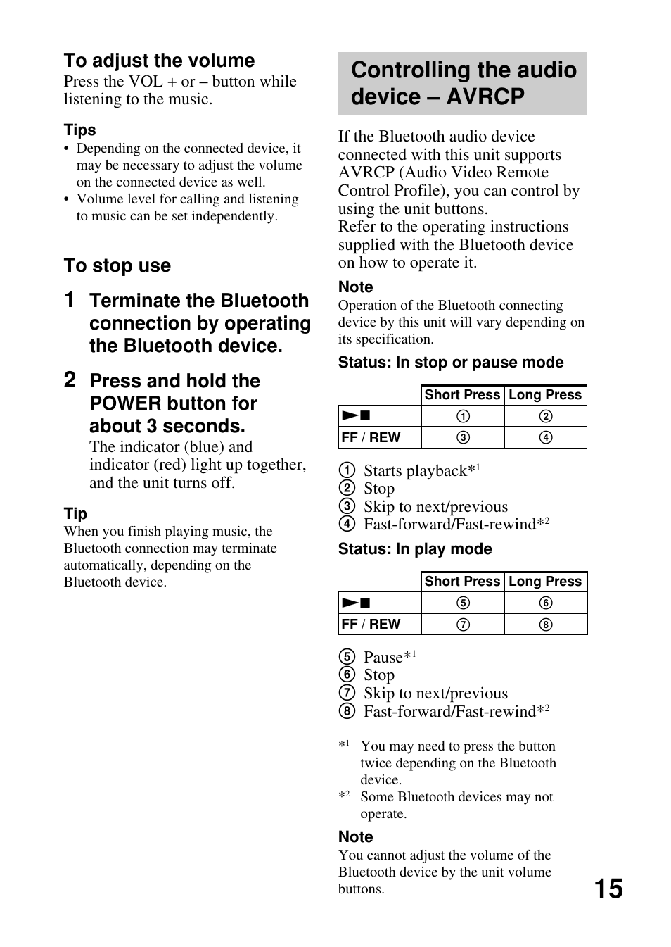 Controlling the audio device – avrcp, Controlling the audio device, Avrcp | Sony DRBT21GB User Manual | Page 15 / 28
