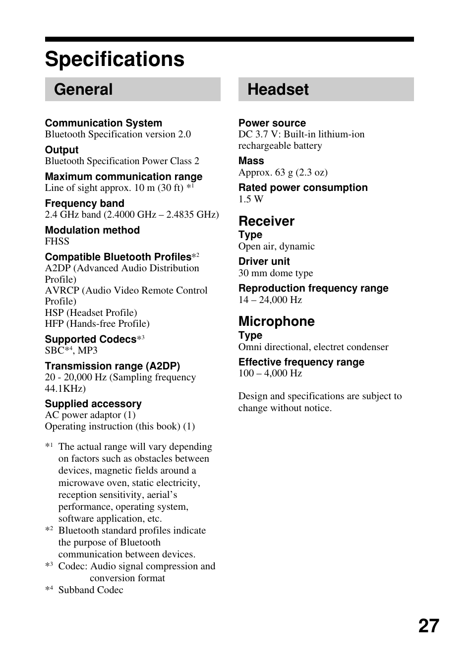 Specifications, General, Headset | Receiver, Microphone | Sony DRBT21GB User Manual | Page 27 / 28