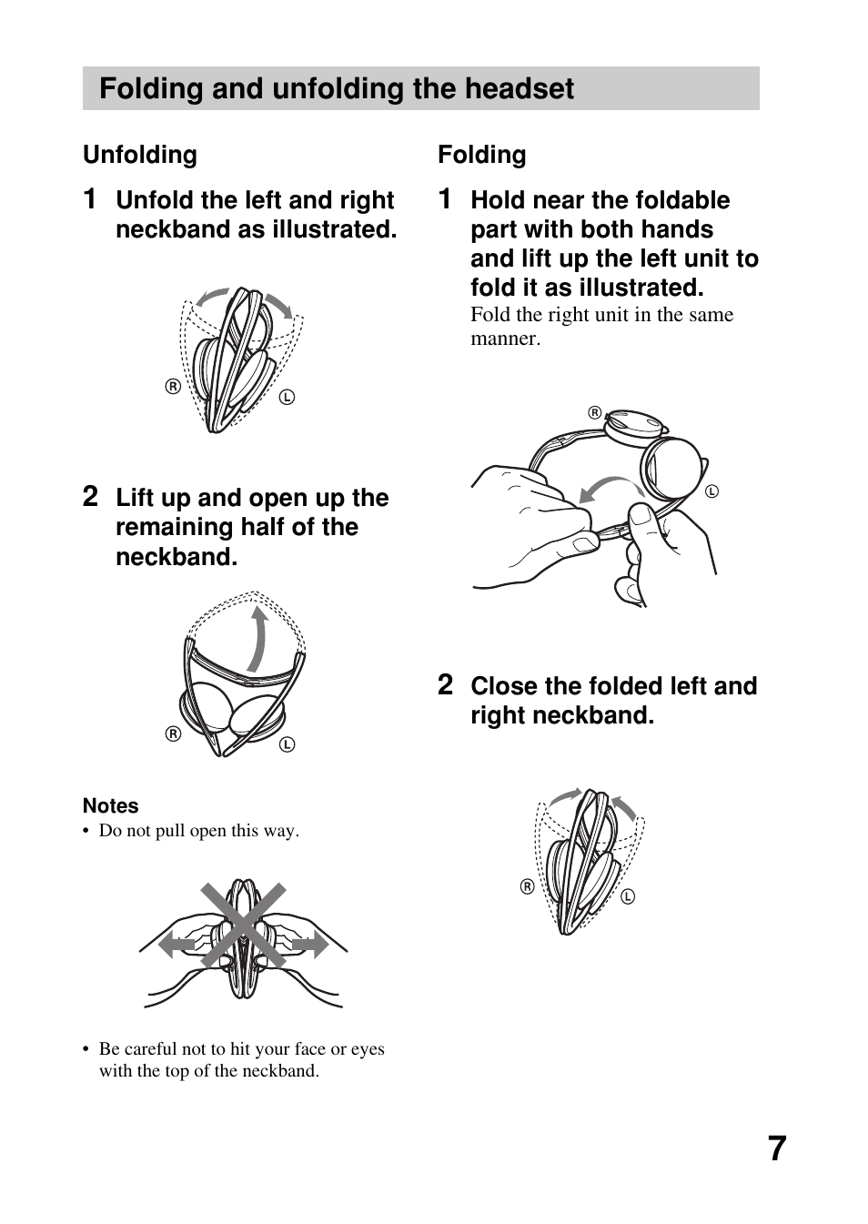 Folding and unfolding the headset, Folding and unfolding the, Headset | Sony DRBT21GB User Manual | Page 7 / 28