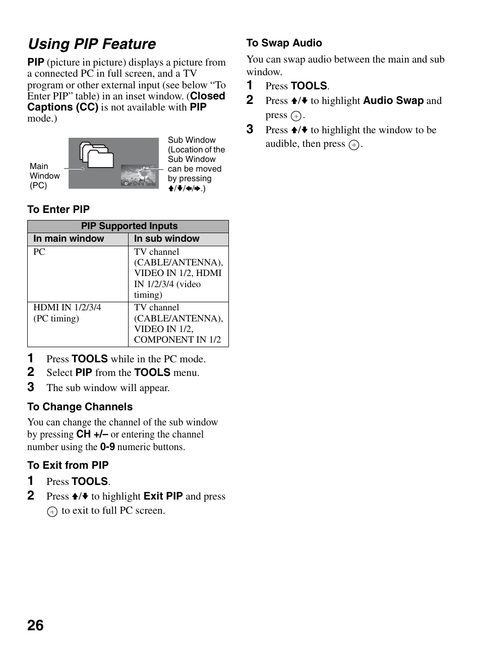 Using pip feature, 26 using pip feature | Sony BRAVIA KDL-0EX500 User Manual | Page 26 / 59