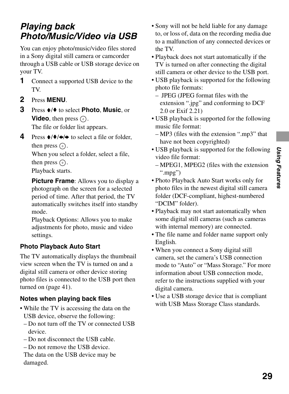 Playing back photo/music/video via usb | Sony BRAVIA KDL-0EX500 User Manual | Page 29 / 59