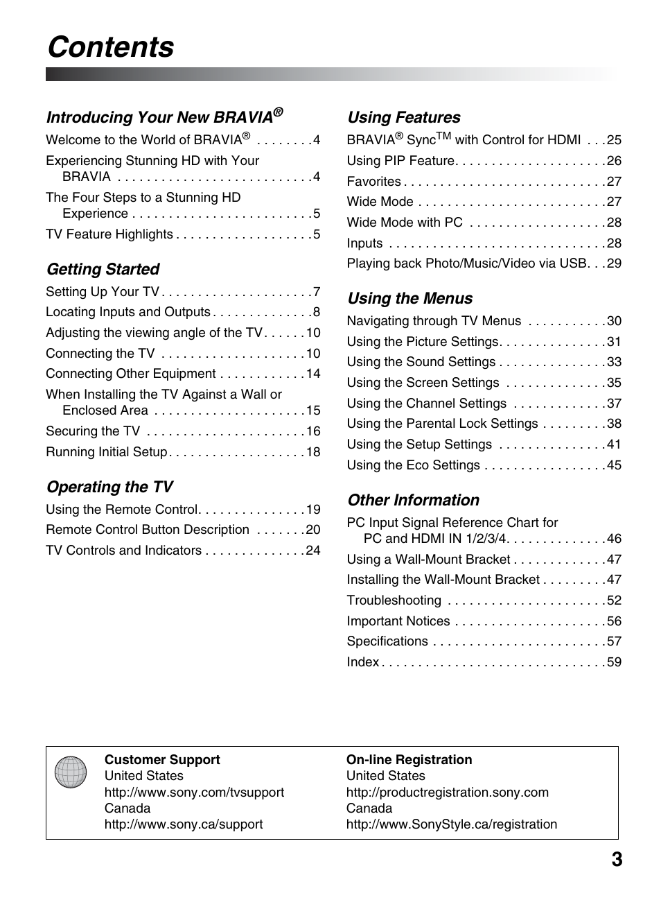 Sony BRAVIA KDL-0EX500 User Manual | Page 3 / 59