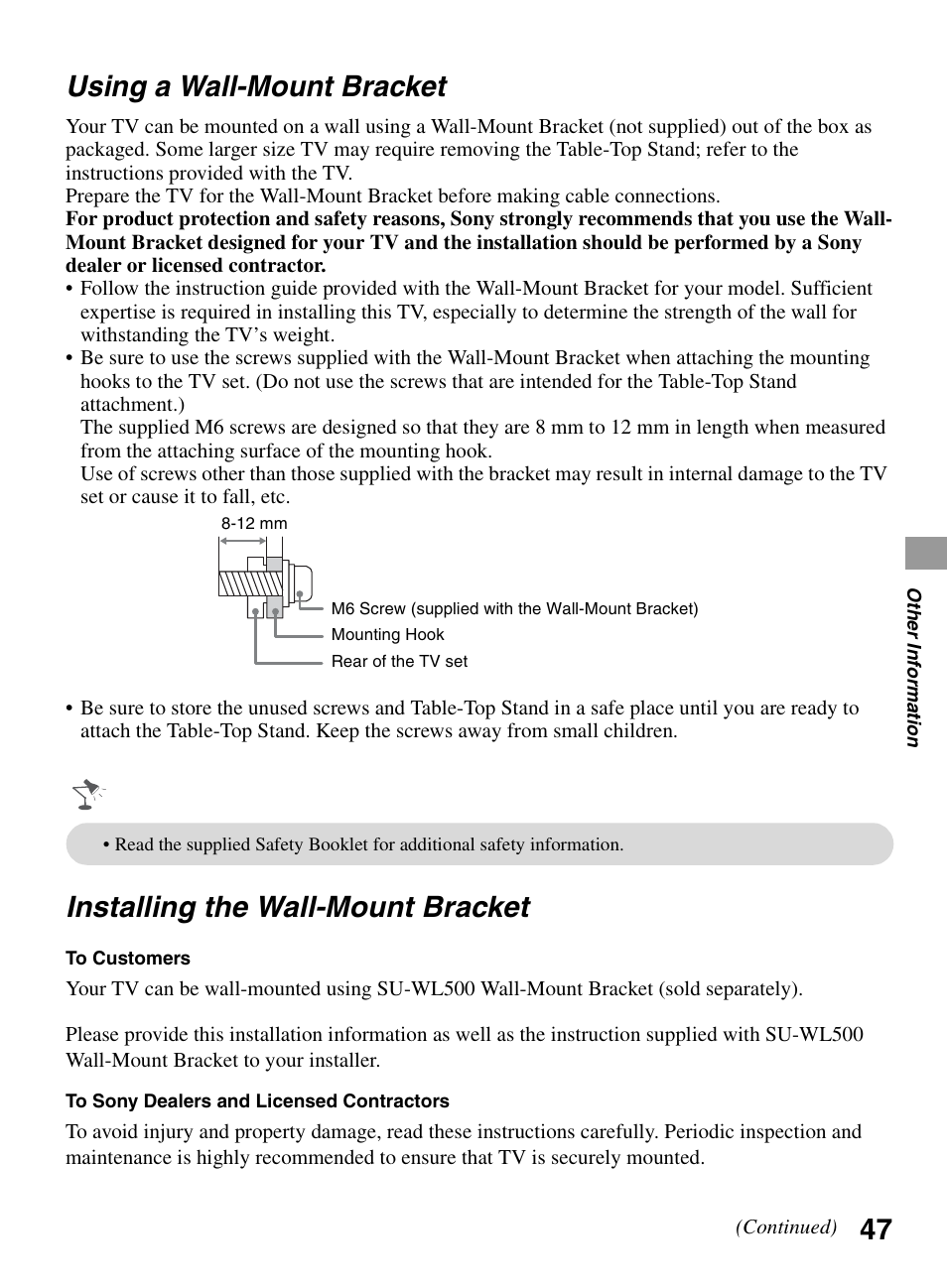 Using a wall-mount bracket, Installing the wall-mount bracket | Sony BRAVIA KDL-0EX500 User Manual | Page 47 / 59