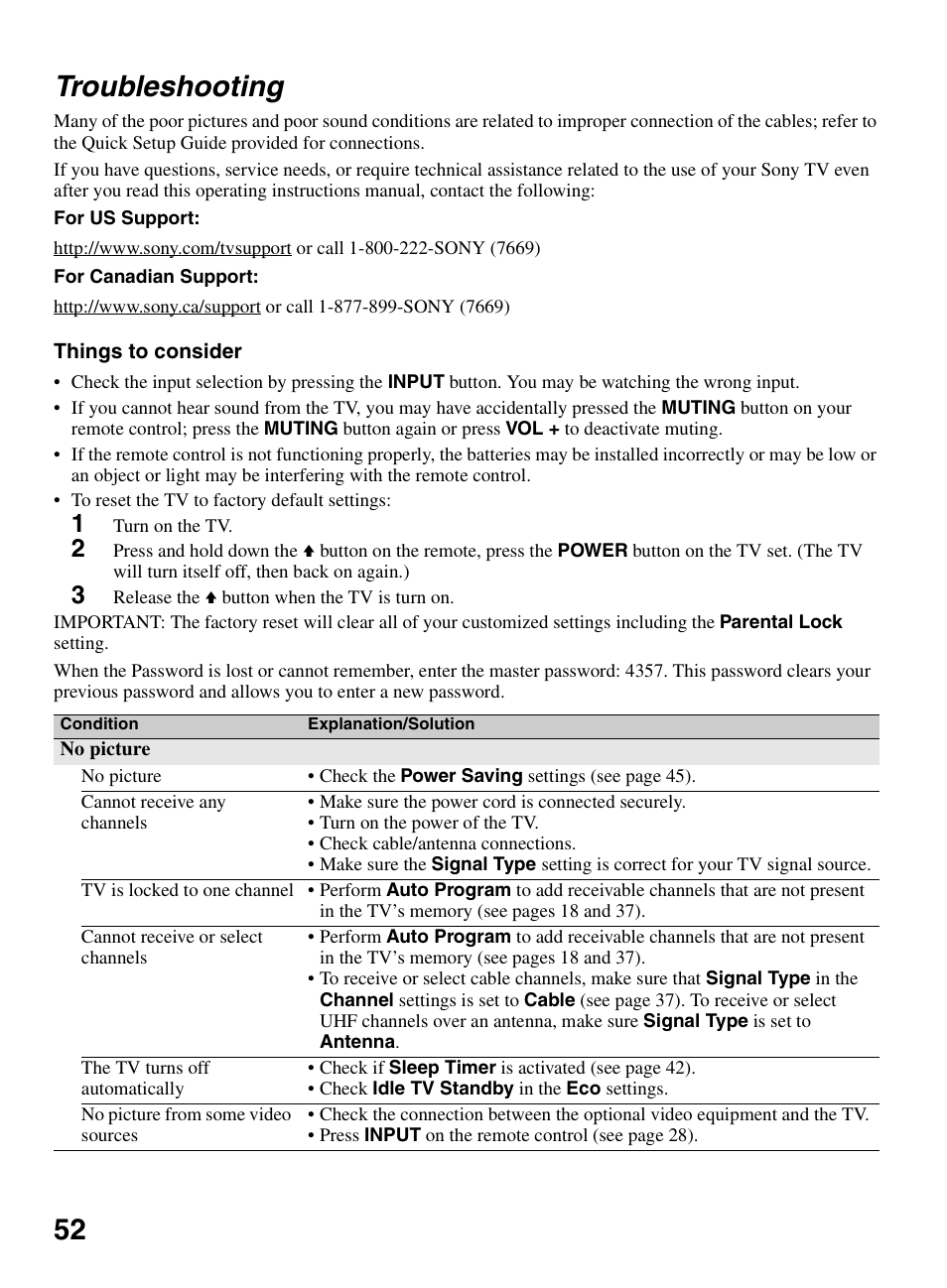 Troubleshooting, 52 troubleshooting | Sony BRAVIA KDL-0EX500 User Manual | Page 52 / 59