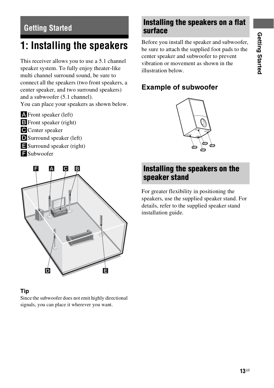 Getting started, Installing the speakers | Sony 4-130-033-13(1) User Manual | Page 13 / 72