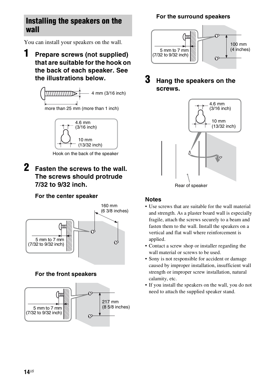 Installing the speakers on the wall, Hang the speakers on the screws | Sony 4-130-033-13(1) User Manual | Page 14 / 72