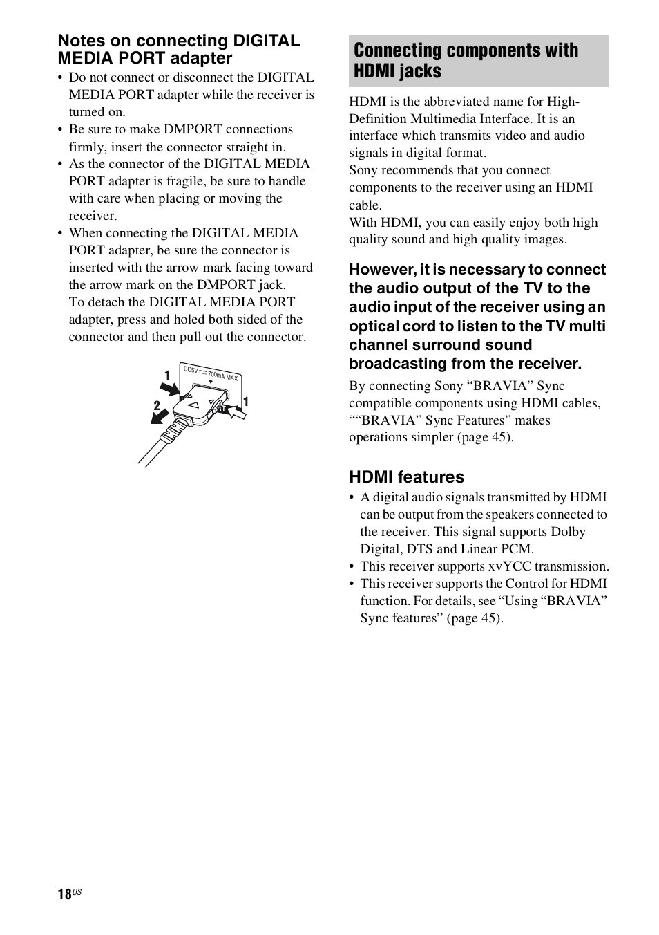 Connecting components with hdmi jacks, Hdmi features | Sony 4-130-033-13(1) User Manual | Page 18 / 72