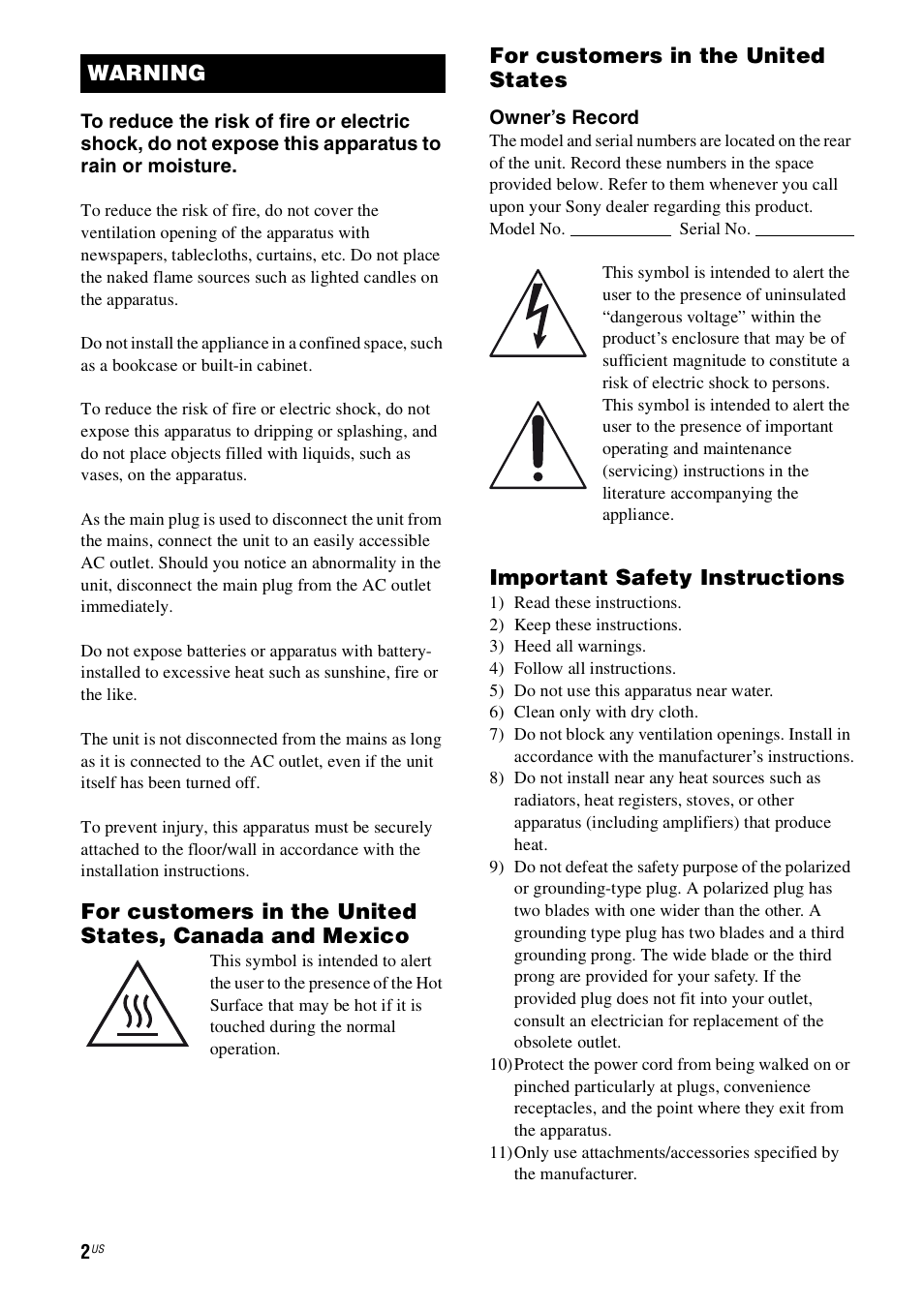 For customers in the united states, Important safety instructions, Warning | Sony 4-130-033-13(1) User Manual | Page 2 / 72