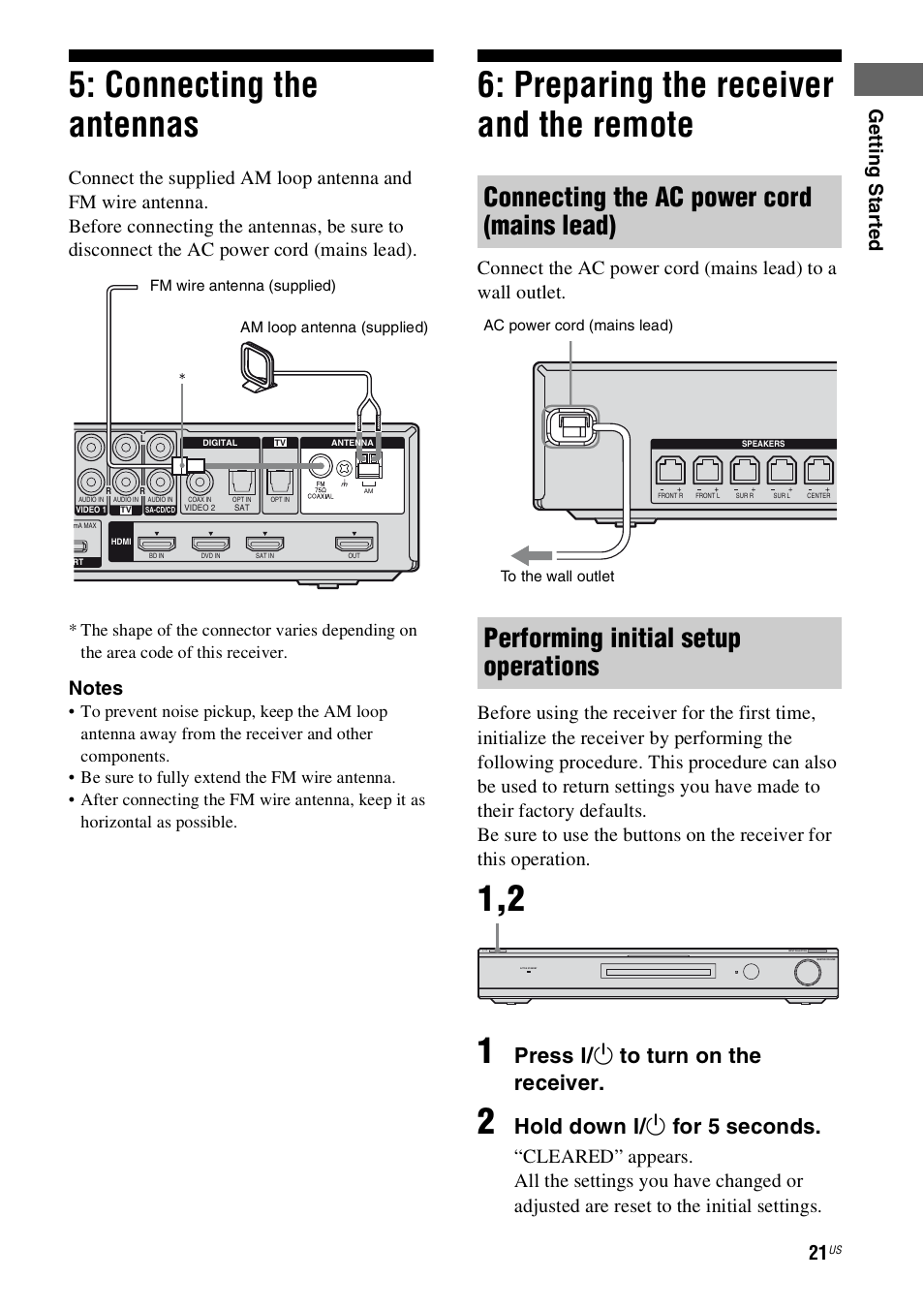 Connecting the antennas, Preparing the receiver and the remote, E 21 | Press ? / 1 to turn on the receiver, Hold down ? / 1 for 5 seconds, Ge tt ing st ar te d | Sony 4-130-033-13(1) User Manual | Page 21 / 72