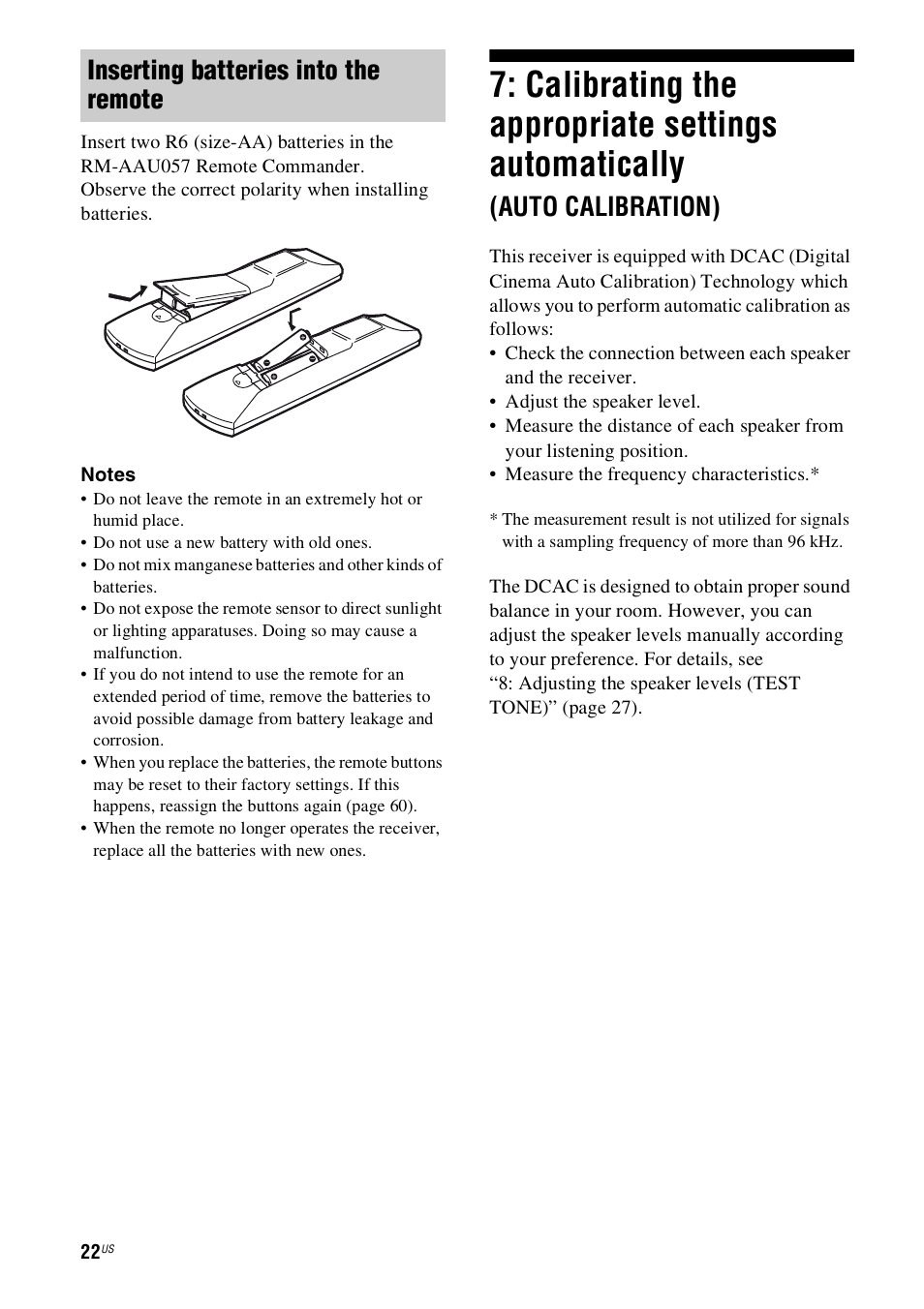 Calibrating the appropriate settings, Automatically, Auto calibration) | Calibrating the appropriate settings automatically, Inserting batteries into the remote | Sony 4-130-033-13(1) User Manual | Page 22 / 72