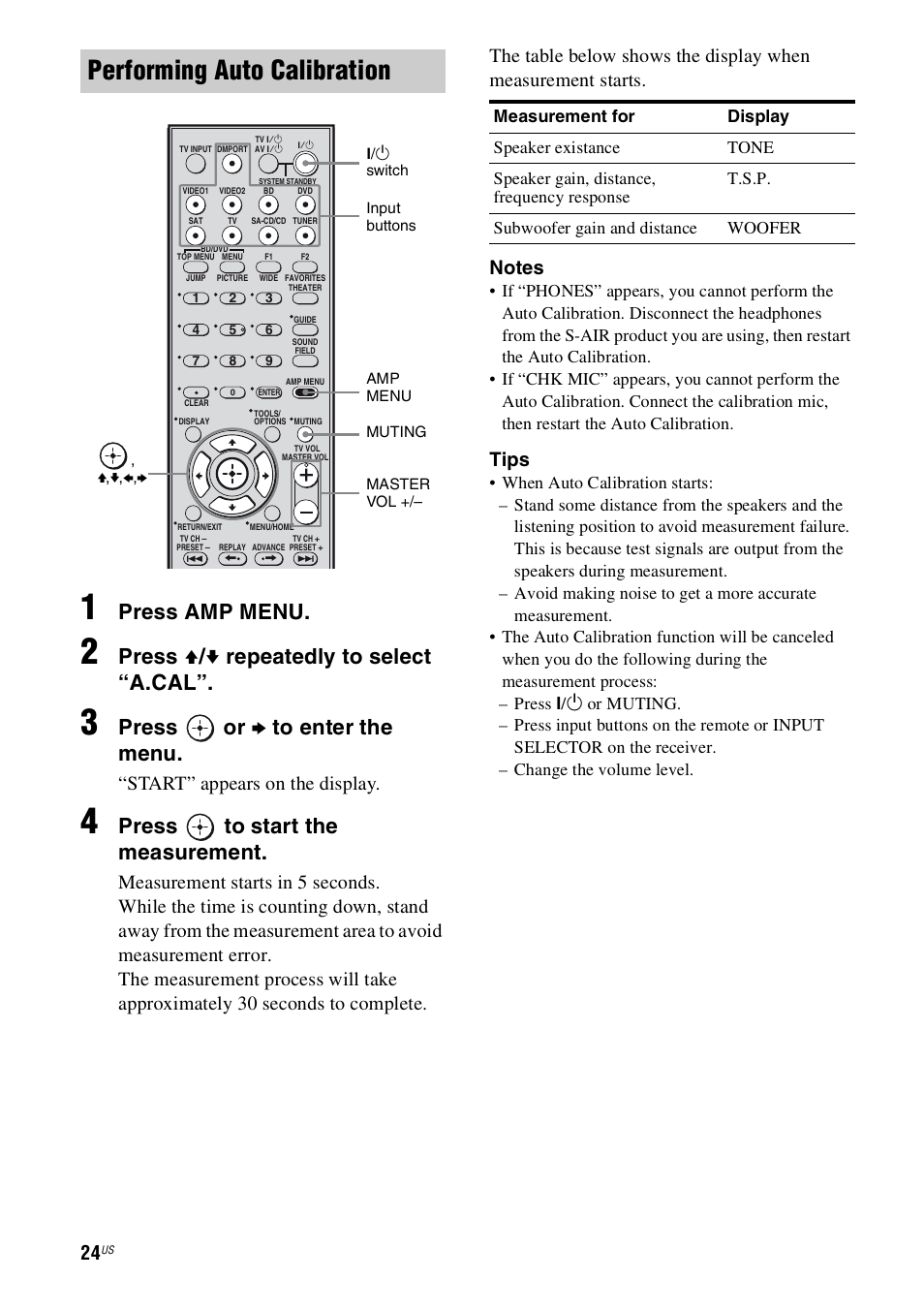 Performing auto calibration, Press amp menu, Press v / v repeatedly to select “a.cal | Press or b to enter the menu, Press to start the measurement, Start” appears on the display, Tips | Sony 4-130-033-13(1) User Manual | Page 24 / 72