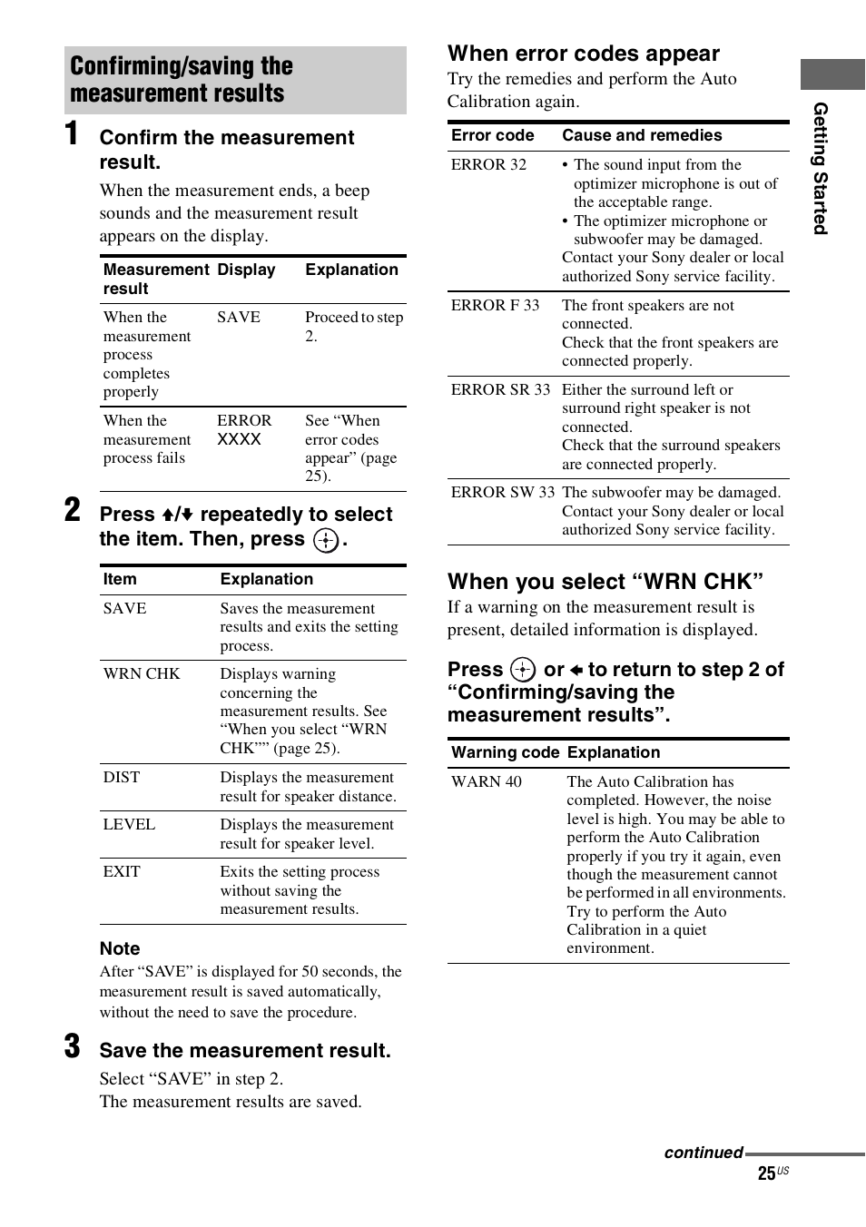 Confirming/saving the measurement results, When error codes appear, When you select “wrn chk | Sony 4-130-033-13(1) User Manual | Page 25 / 72
